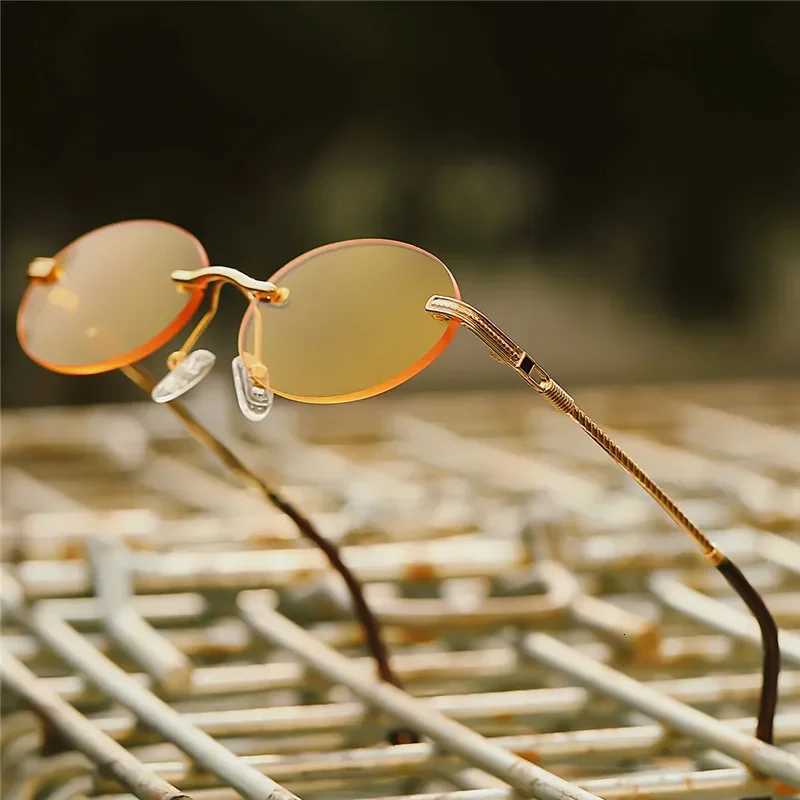 Retro Oval Sunglasses Rimless Man Blue Mirror Gold Metal Ma es Round F Wen UV400 W250709