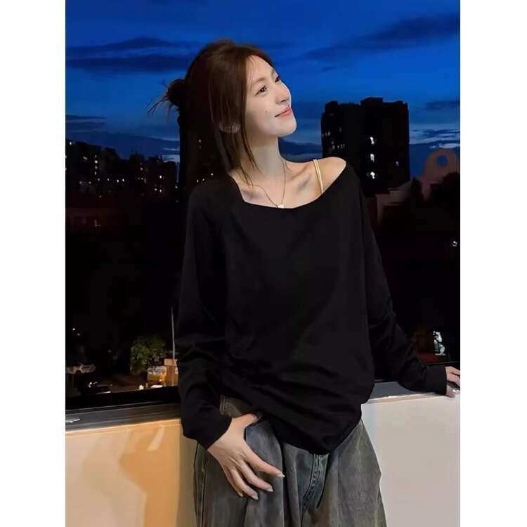 Long Sleeve T-Shirt New Autumn Sexy Off-Shoulder Loose Pure Desire Style Asymmetrical Student Top For Women B5
