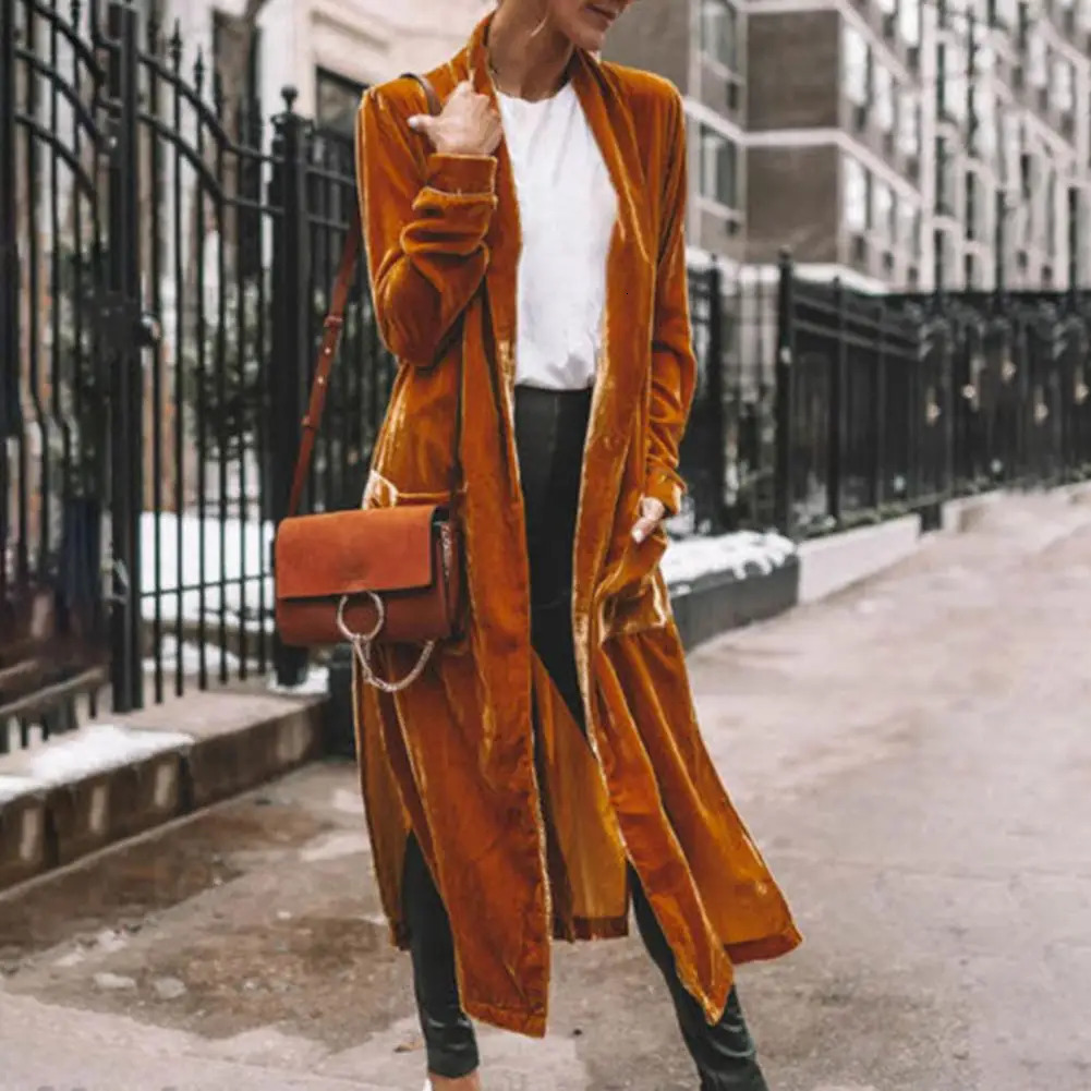 Stretch Suede Long Windbreaker Jacket Flannel Open Stitch Warm Maxi Coat OL Style Elegant Pure Color Spring Autumn Jacket 250709
