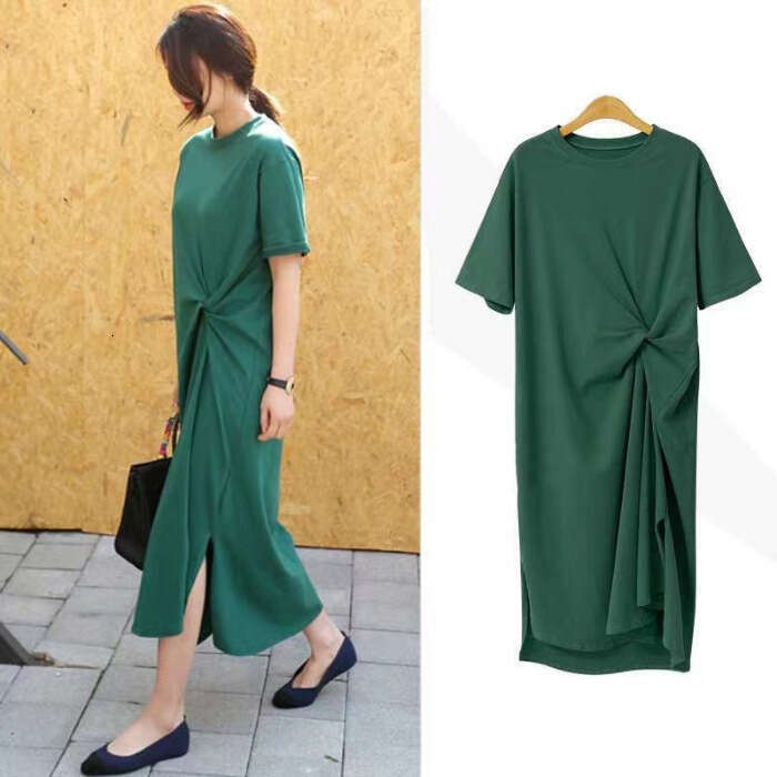 Short Sleeve For Women Summer New Korean Style Plus Size Loose Slimming Over-Knee Long T-Shirt Dress Top B5