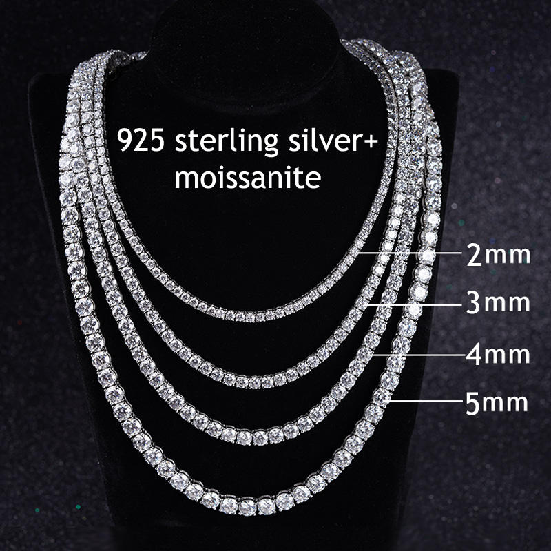 Hip Hop Moissanite Necklace 925 Sterling Silver Iced Out 4mm Moissanite Tennis Chain Necklace