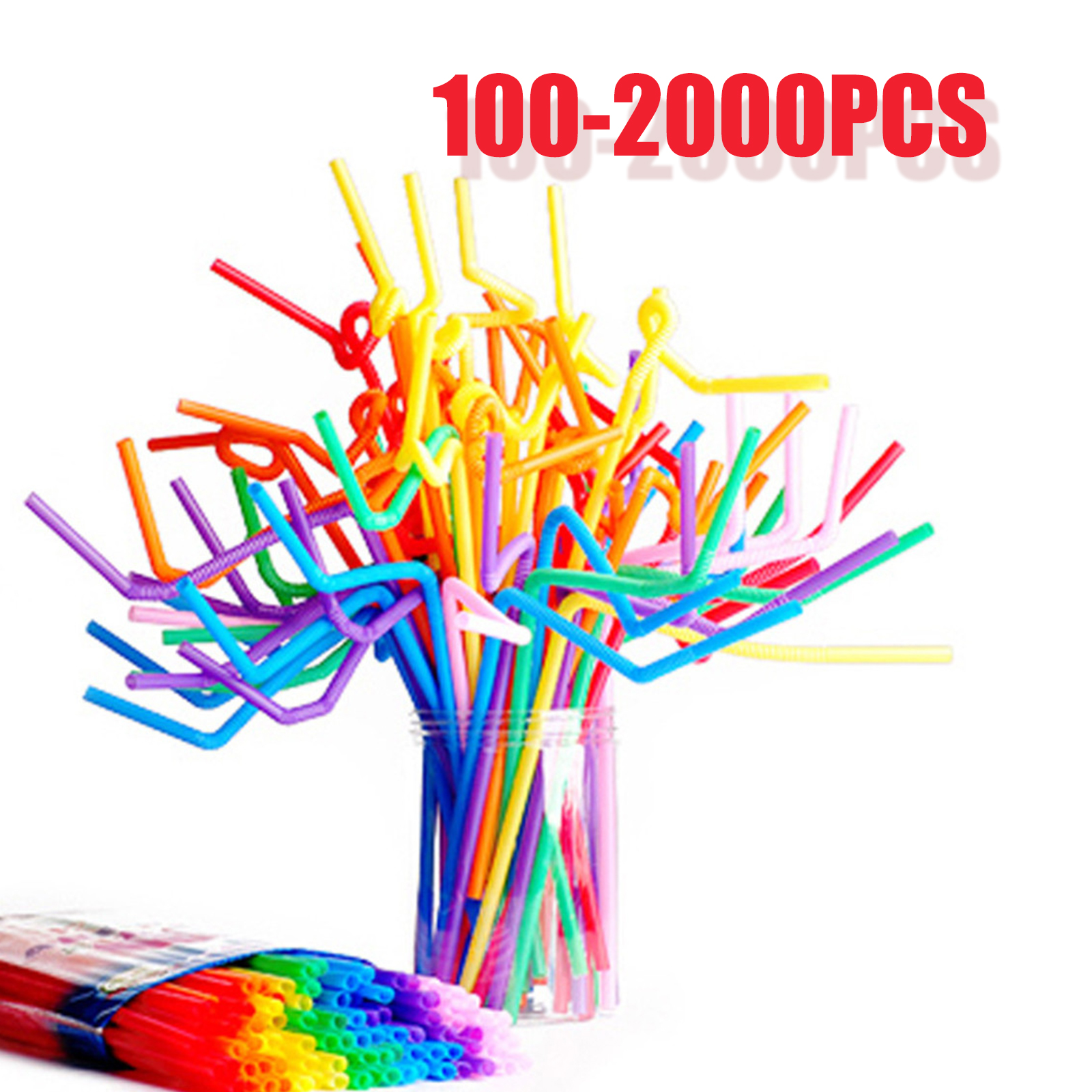 Disposable 100-2000PCS Neon Color Party Drinking Straws Bendable Flexible Plastic Bendy Straw Party Bar Drinking Supplies