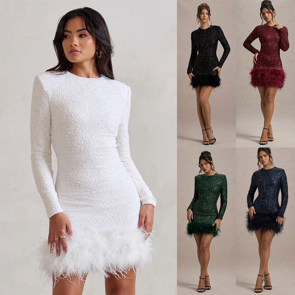 Women's Sexy Long Sleeve Solid Color Sequin Feather Dress Round Neck Women 8102 ddmysept