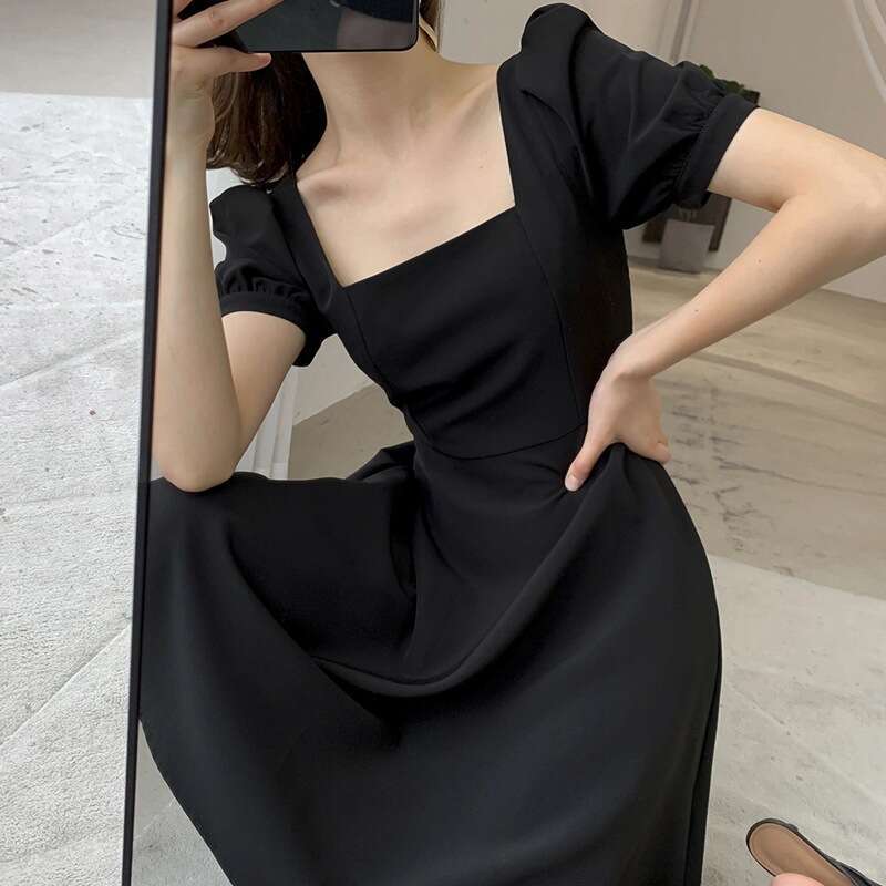 Summer New Hepburn Style Little Black For Plus Size Women, Waist-Cinching Slimming Square Neck Dress Women's Fashion B5