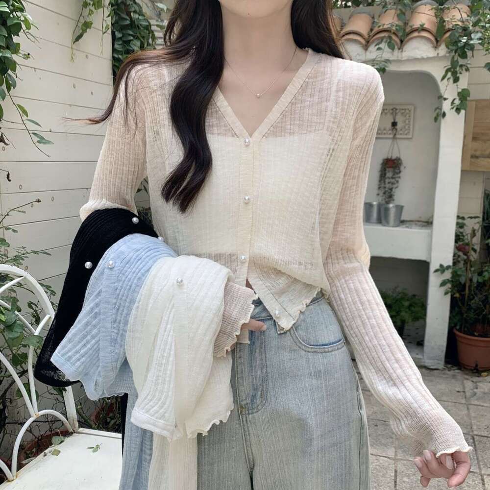Summer Sun Protection Cardigan For Women, Thin Loose Ruffled Edge Outerwear Shawl, Short Student Knitted Ice Silk Shirt B5