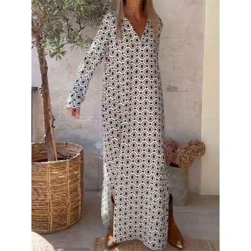 Bohemian Women's Summer New V-Neck Long Sleeve Dress Versatile Comfortable Vacation Slimming B5