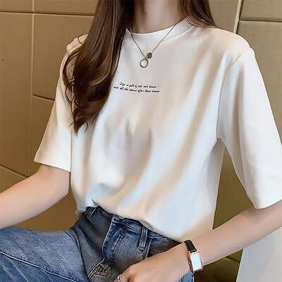 Short T-Shirt For Women Summer New Korean Style Loose Printed Round Neck Top Half Sleeve Tee Base Shirt Ins Trend B5