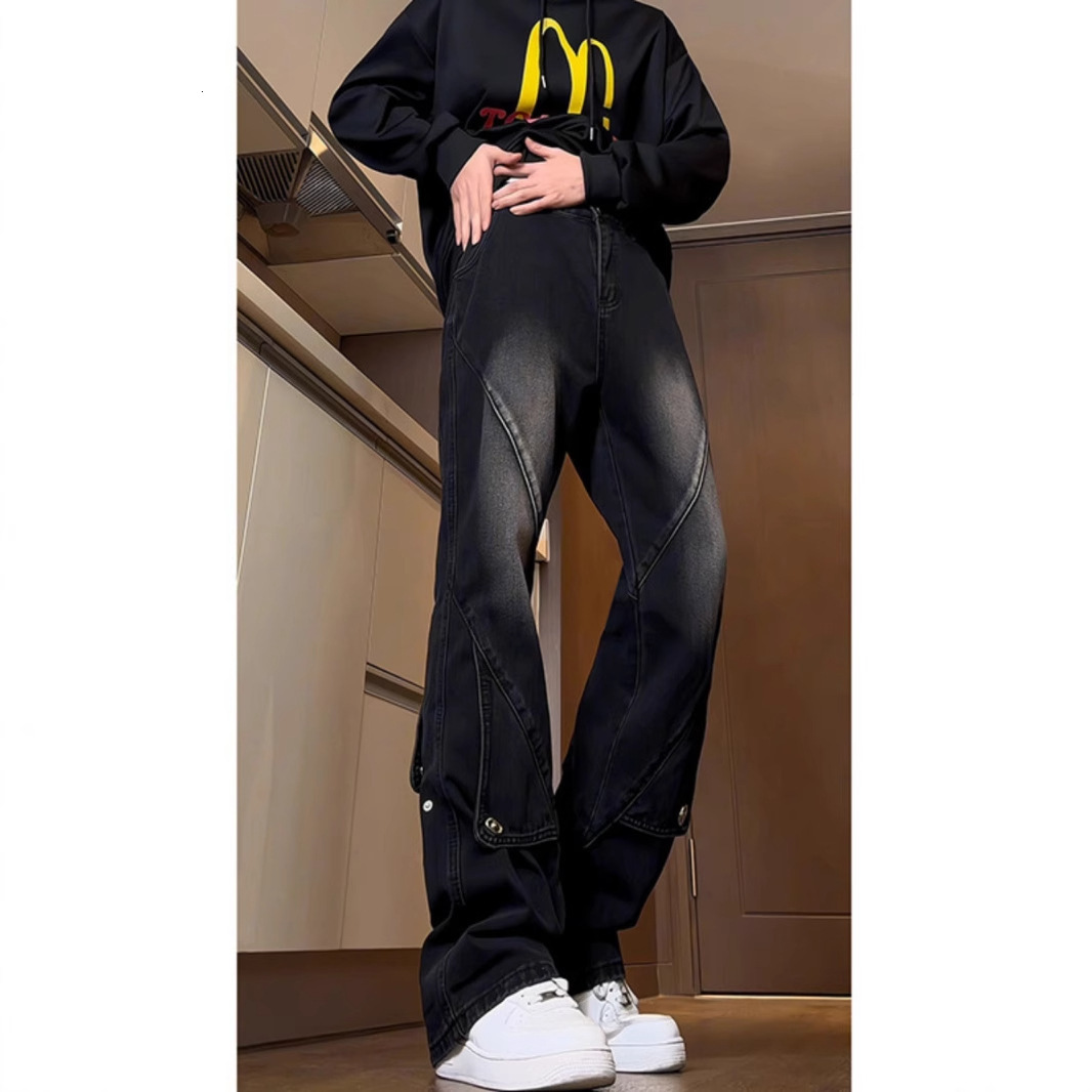 Designer Black Patchwork Casual Work Jeans, Men's Long Pants, Hip-hop Luxury Pants, High Street Slim-fit Pants, Flared Pants