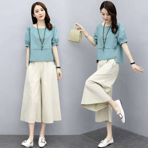 Two-Piece Short Sleeve Summer Outfit New Women's Fashionable Youthful Wide-Leg Pants Set Loose Slimming B5