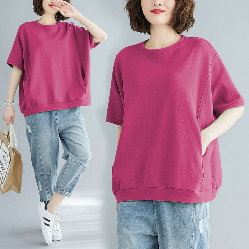 Women's Clothing 200 Jin Summer Loose Plus Size Covering Fat Slimming Top Solid Color Round Neck Short Sleeve T-Shirt B5