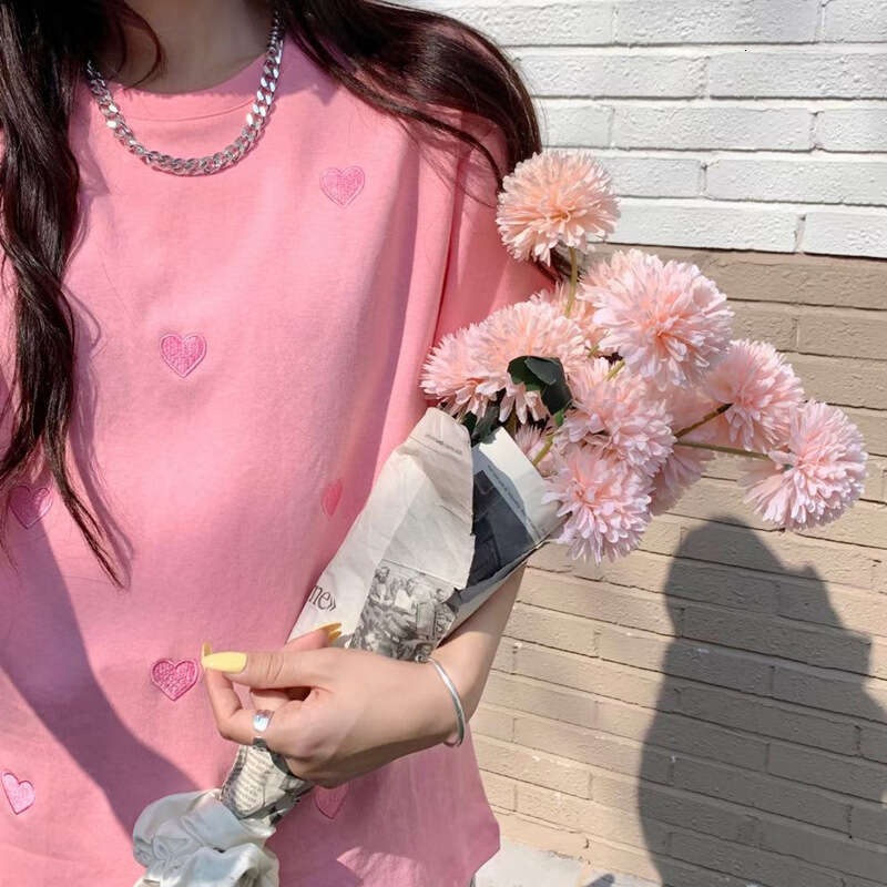 Short Sleeve T-Shirt For Women Summer New Fashionable Round Neck Heart Embroidery Loose Korean Style Top Women's Clothing B5