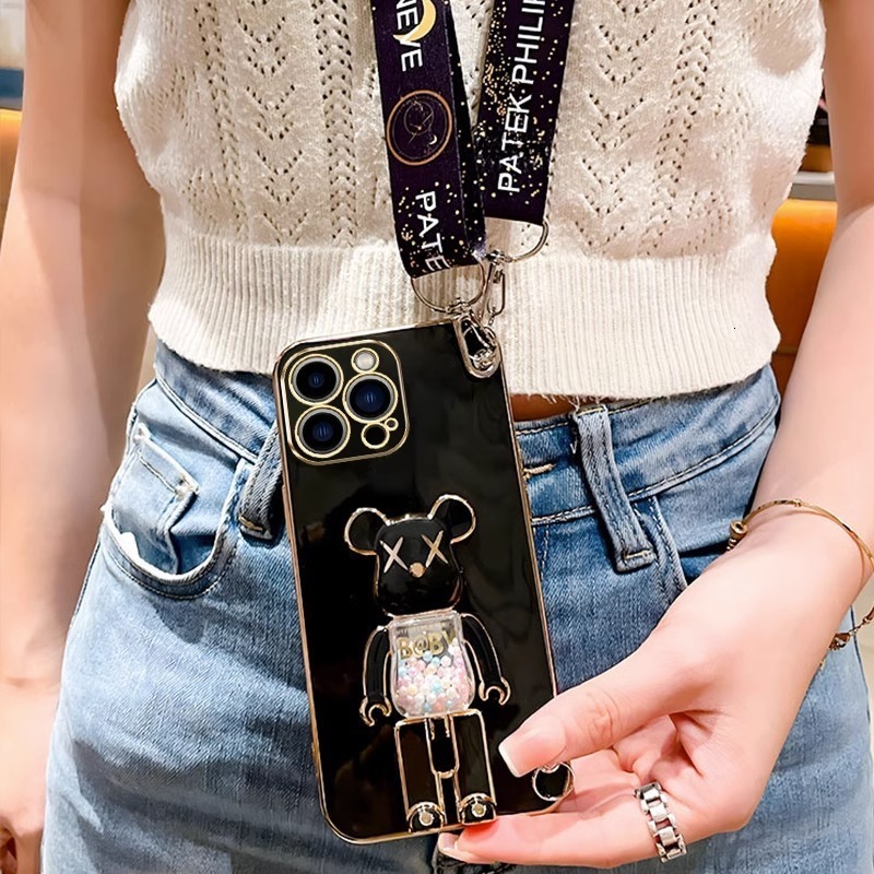 Compatible with Case Electroplated Full Coverage Candy Bear Foldable Stand Crossbody Lanyard Shockproof Cover 250710