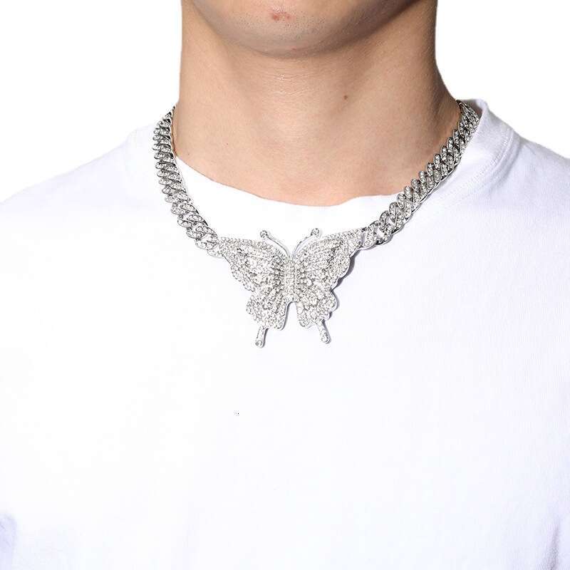 Hip Hop Necklace Ins Style Personality Trend Alloy Full Dia Big Butterfly Cuban Chain Jewelry
