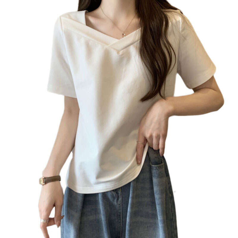 V-Neck Short Sleeve T-Shirt For Women Summer New Loose Slimming Solid Color Student Hot Girl Collarbone-Exposing Top With Design Sense B5