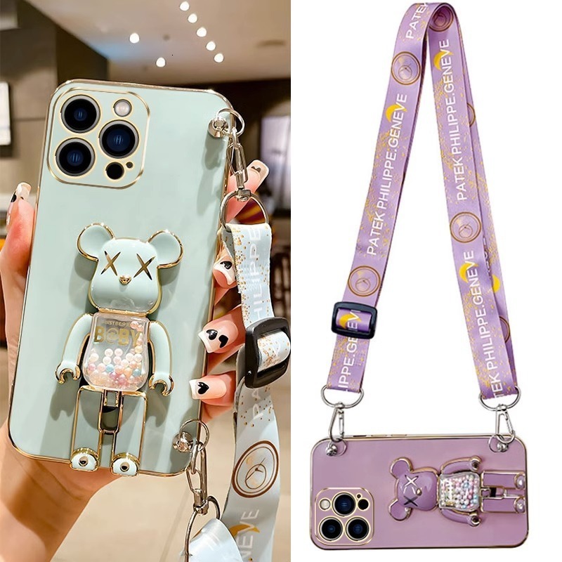 Compatible with Case Electroplated Full Coverage Candy Bear Foldable Stand Crossbody Lanyard Shockproof Cover 250710