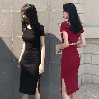 Spring Summer New Korean Style Ins Bodycon Sexy Mid-Length Slit Short Sleeve Backless Base Dress For Women B5