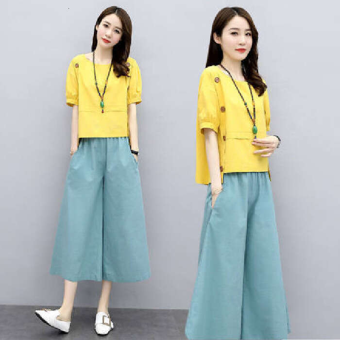 Two-Piece Short Sleeve Summer Outfit New Women's Fashionable Youthful Wide-Leg Pants Set Loose Slimming B5
