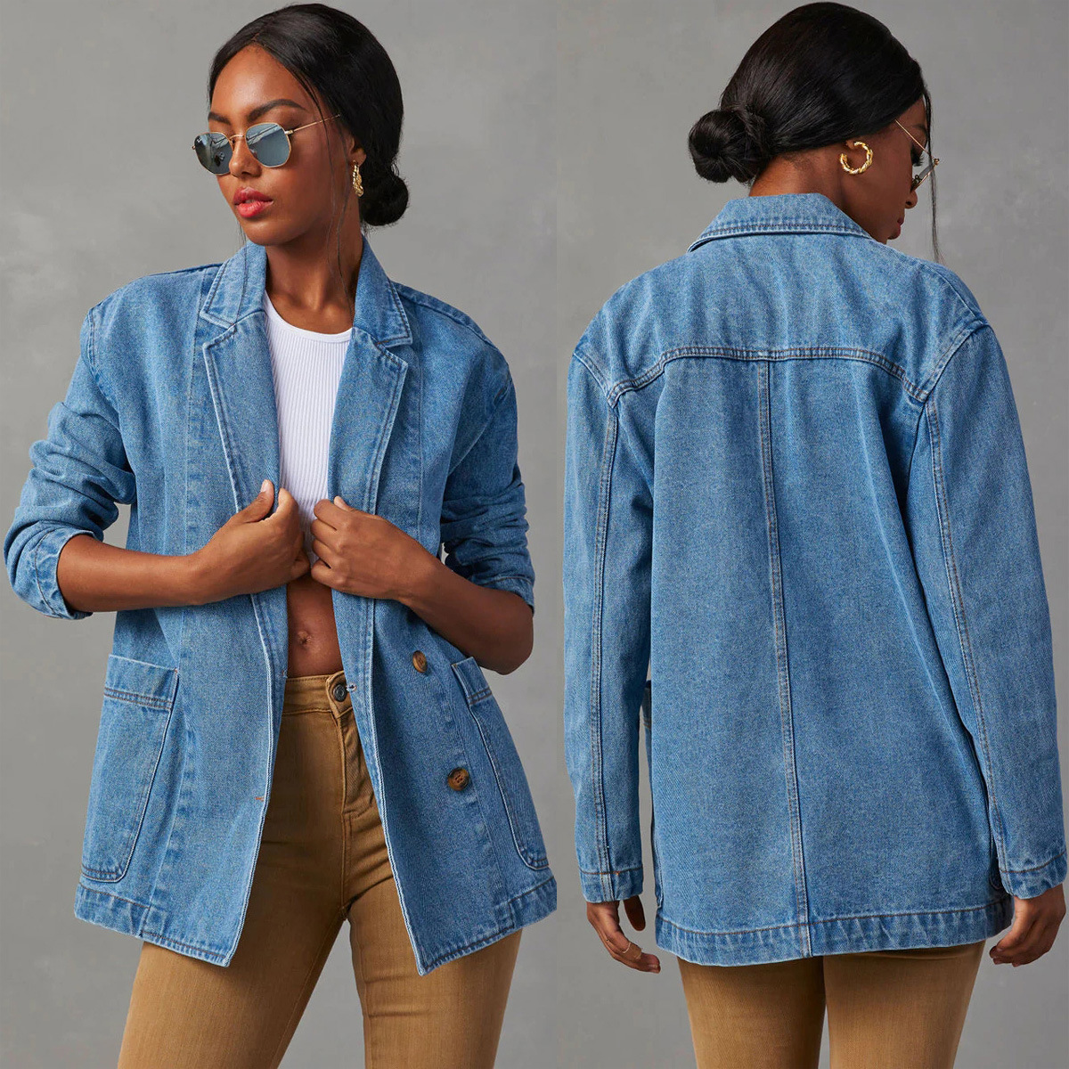 New Women's Fashion Casual Washed Blue Denim Blazer Jacket for Women 32137 ddmysept