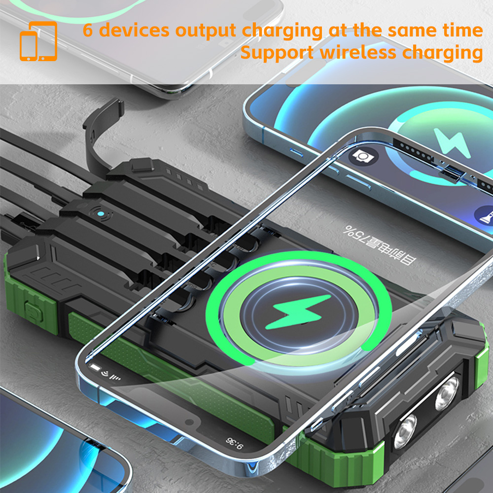 Portable Solar Power Bank 20000mAh Wireless Charger External Battery Charging with Self-charging Cable for All Mobile Devices Camping