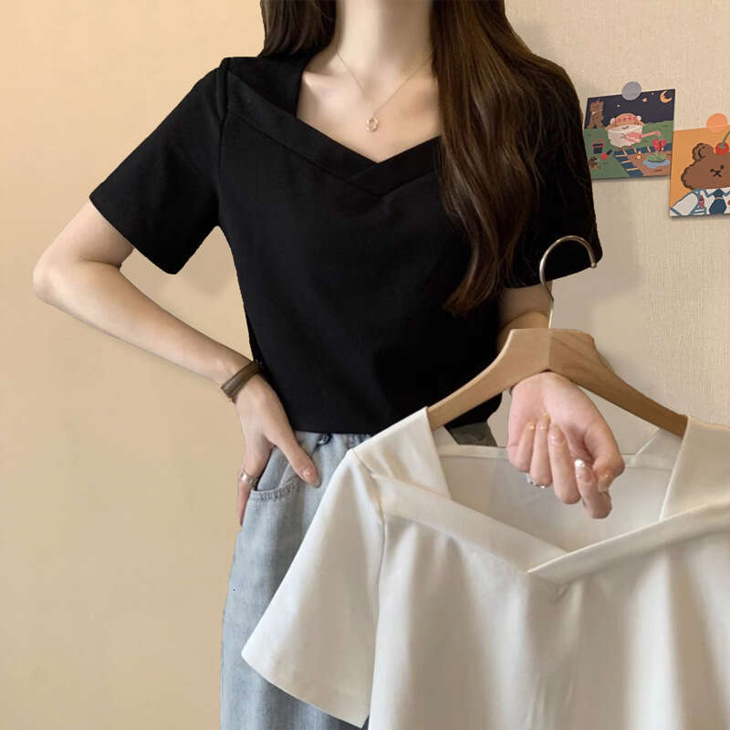 V-Neck Short Sleeve T-Shirt For Women Summer New Loose Slimming Solid Color Student Hot Girl Collarbone-Exposing Top With Design Sense B5