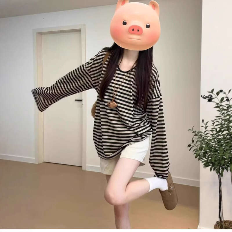 Sun Protection Loose Fit Versatile Long Sleeve T-Shirt For Women Summer New Casual Slimming Striped Mid-Length Top B5