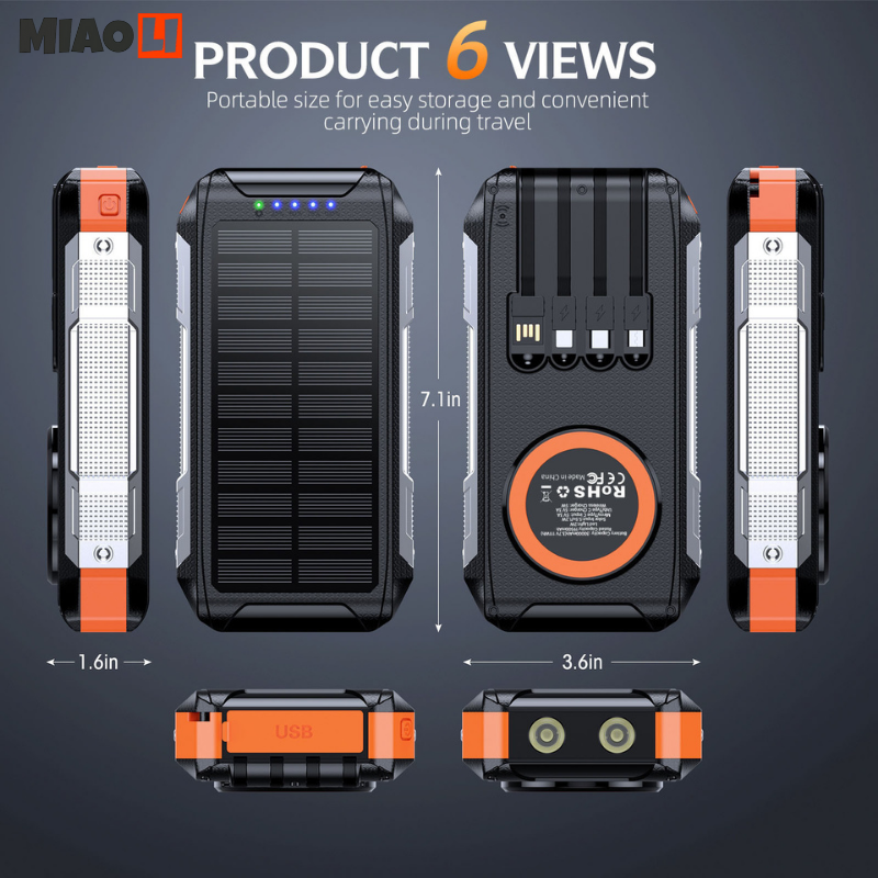 MagSafe Solar Power Bank 30000mAh Built in Cables External Battery Charging Poverbank External Battery Charger LED Light for All Smartphones