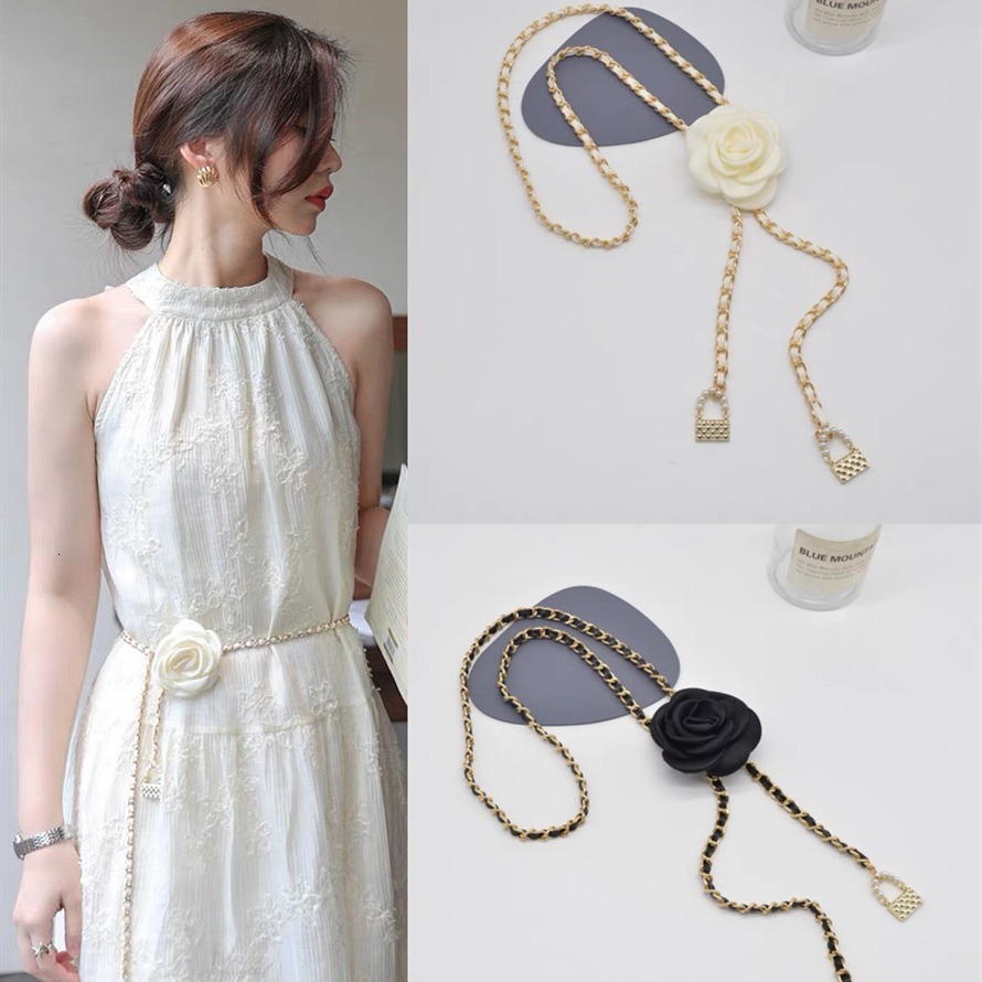 Korean Fashion Black and White Camellia Waist Chain for Women High-End Chanel Style Pearl Flower Chain Belt to Pair with Dresses 250710