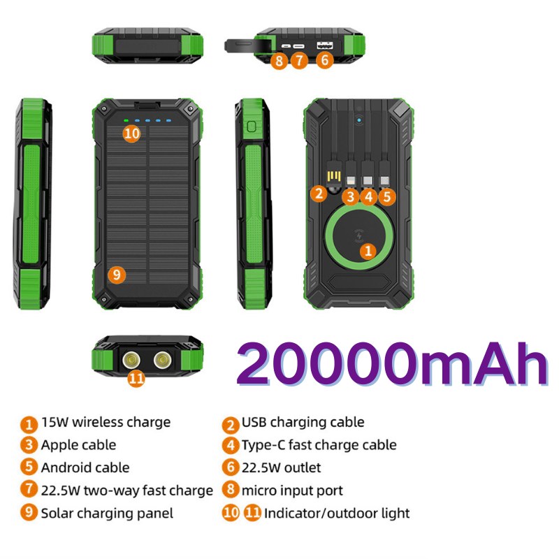 Portable Solar Power Bank 20000mAh Wireless Charger External Battery Charging with Self-charging Cable for All Mobile Devices Camping
