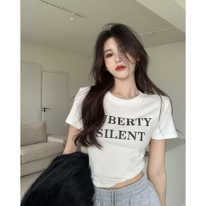 Sleeve T-Shirt For Women, Inner Wear, Short Base Shirt, Spring Summer, Slim Fit, Letter Print, White Student Top B5