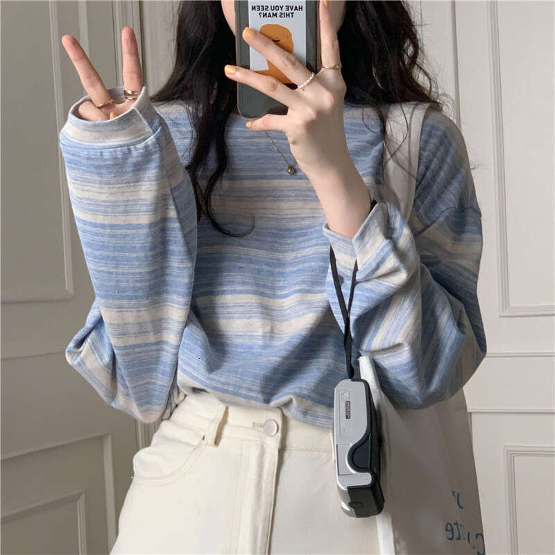 Striped Round Neck Long Sleeve T-Shirt Autumn New Design Loose Student Top Women's Ins Trend B5
