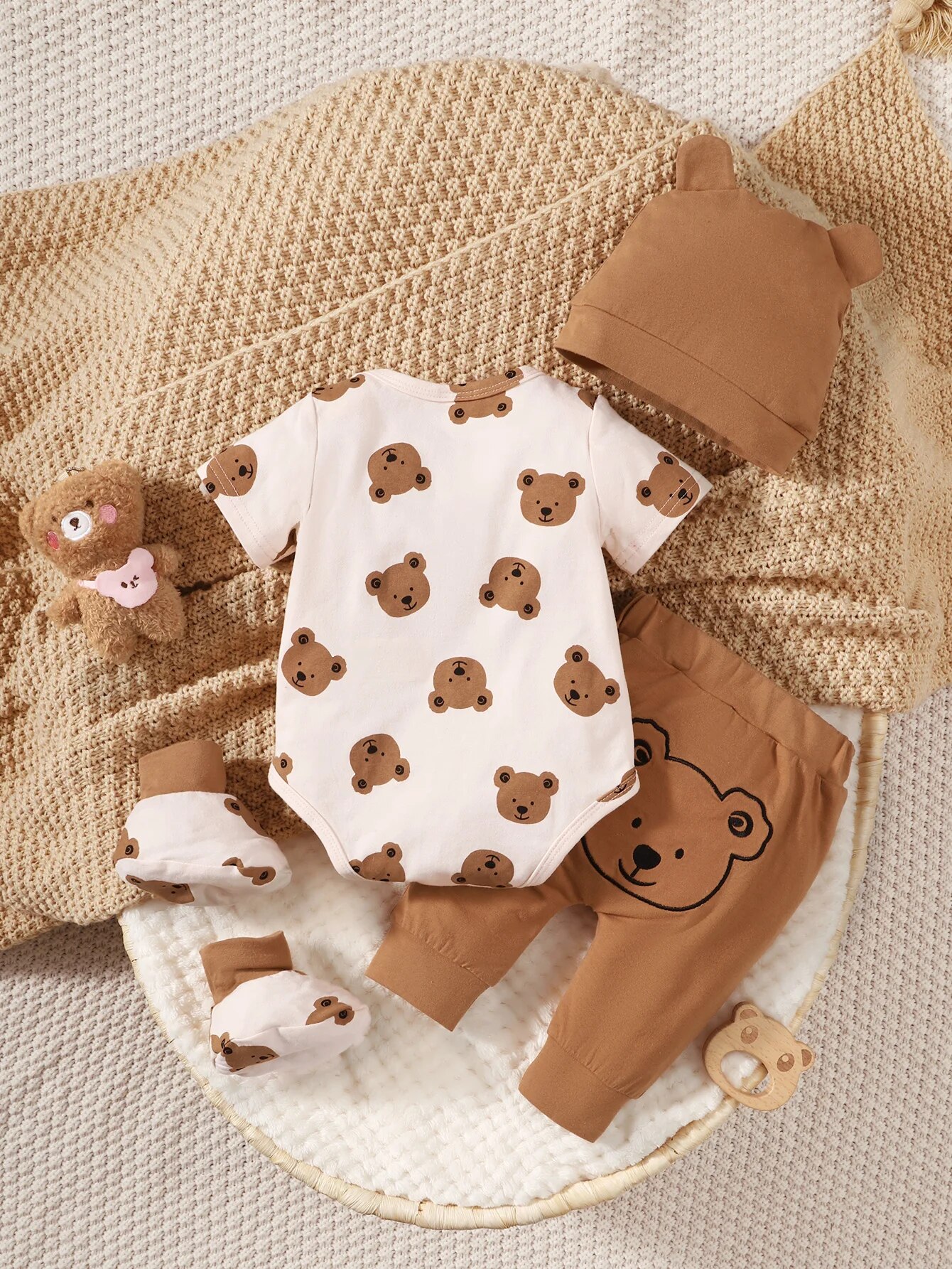 4PCS Clothing Set 0-9 Months Newborn Boy Bear Short Sleeve Romper+Pants+Hat+Sock Infant Baby Full Moon Photography Outfits