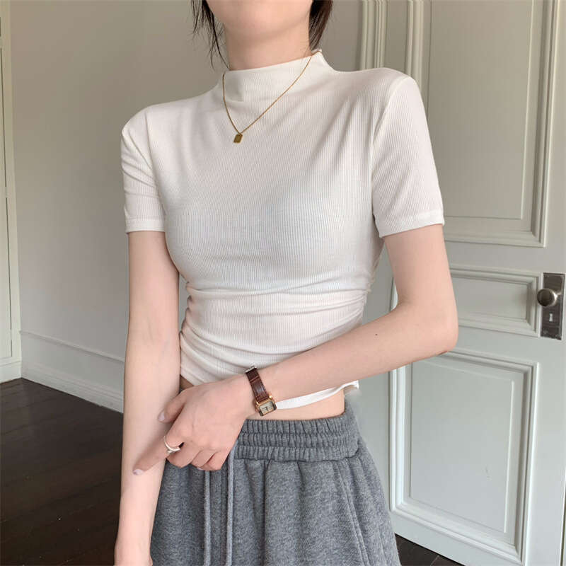 Half Turtleneck Sleeve T-Shirt For Women Summer New Base Shirt Slim Fit Short Student Pleated Top B5