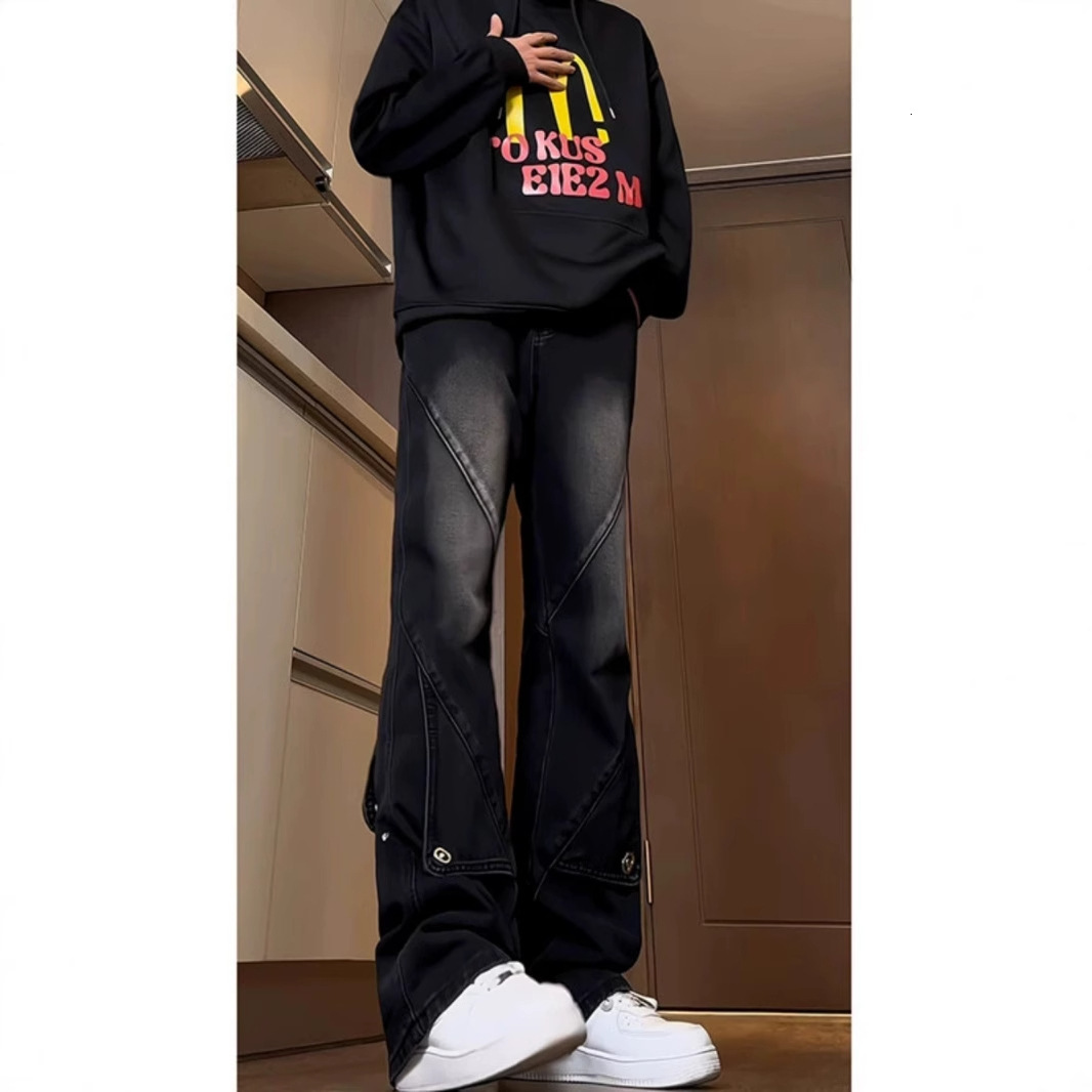 Designer Black Patchwork Casual Work Jeans, Men's Long Pants, Hip-hop Luxury Pants, High Street Slim-fit Pants, Flared Pants