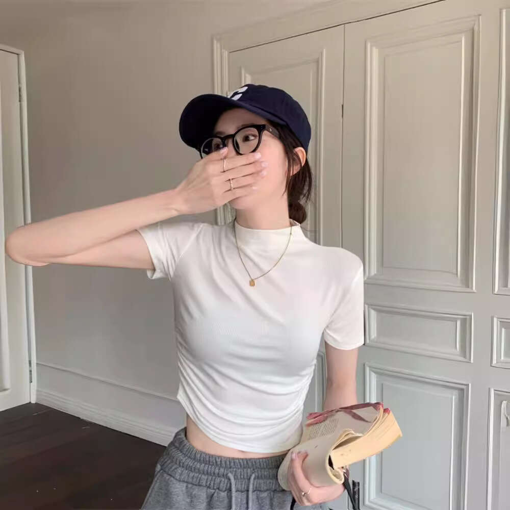 Half Turtleneck Sleeve T-Shirt For Women Summer New Base Shirt Slim Fit Short Student Pleated Top B5