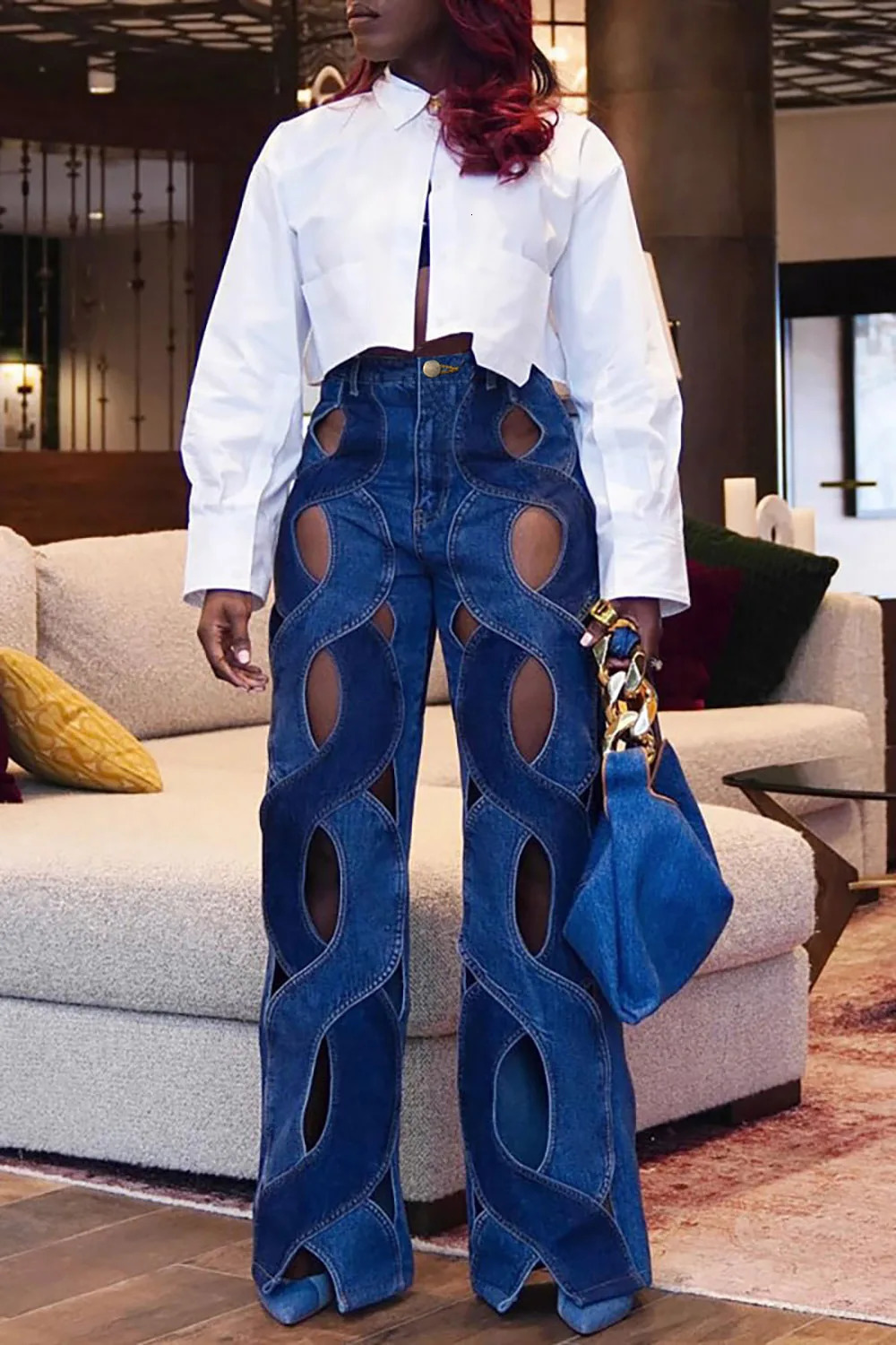 Womens Cut Out Denim Jeans Plus Size High Waist Y2K Fashion Sexy Vintage Casual Spring Straight Leg Pants y250628