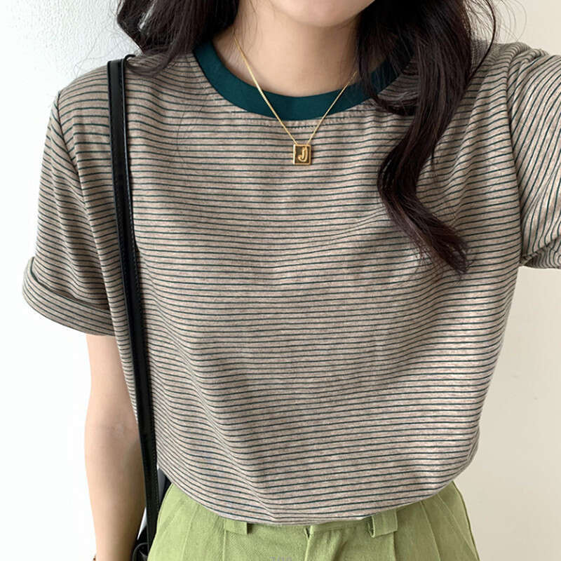 Striped T-Shirt Short Sleeve Women Summer New Round Neck Loose Ins Style Casual Student Top B5