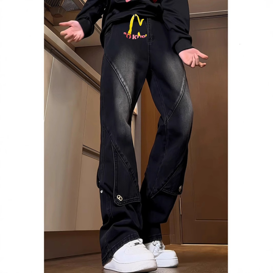Designer Black Patchwork Casual Work Jeans, Men's Long Pants, Hip-hop Luxury Pants, High Street Slim-fit Pants, Flared Pants