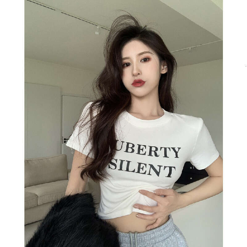 Sleeve T-Shirt For Women, Inner Wear, Short Base Shirt, Spring Summer, Slim Fit, Letter Print, White Student Top B5