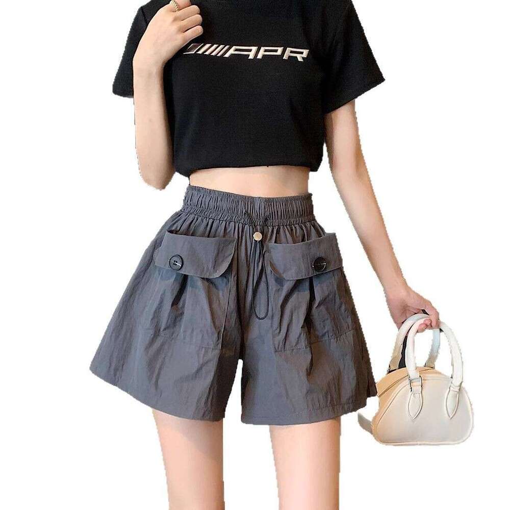 High Waist Slimming Hot Girl Gray Casual Shorts Women Summer New Workwear Wide Leg Double Pocket Drawstring Pants B5