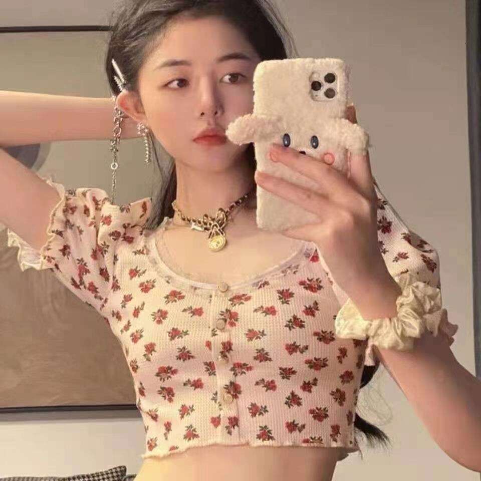 Summer American Style Floral Waffle Short T-Shirt Women Square Neck Puff Sleeve Crop Top Trendy B5