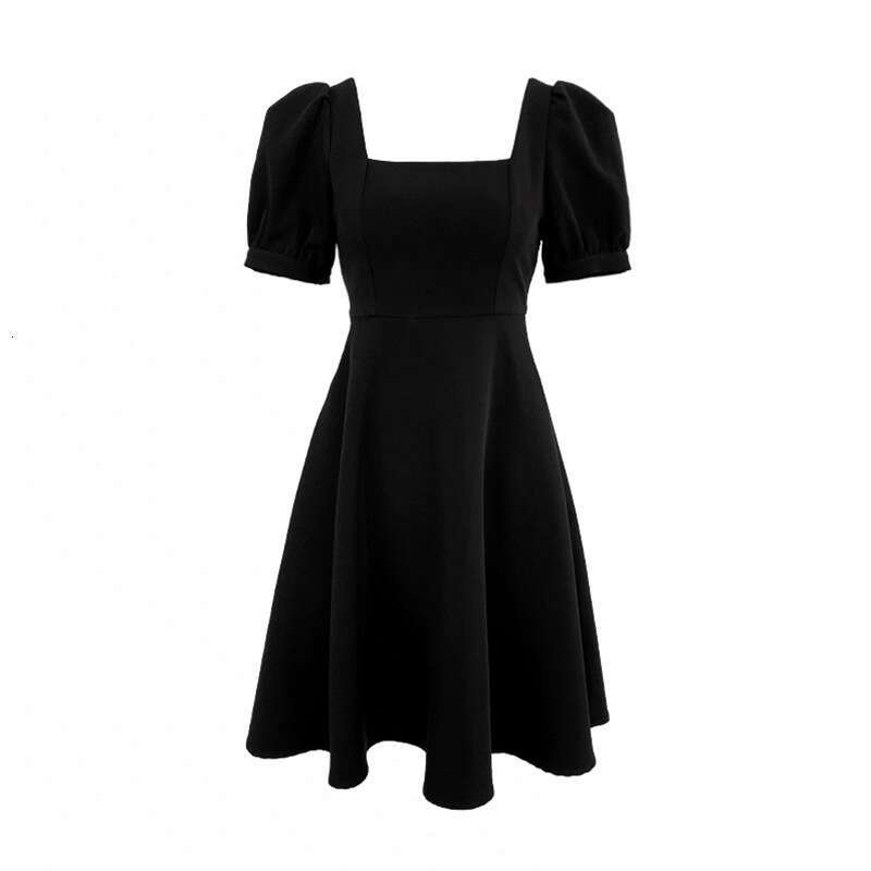 Summer New Hepburn Style Little Black For Plus Size Women, Waist-Cinching Slimming Square Neck Dress Women's Fashion B5