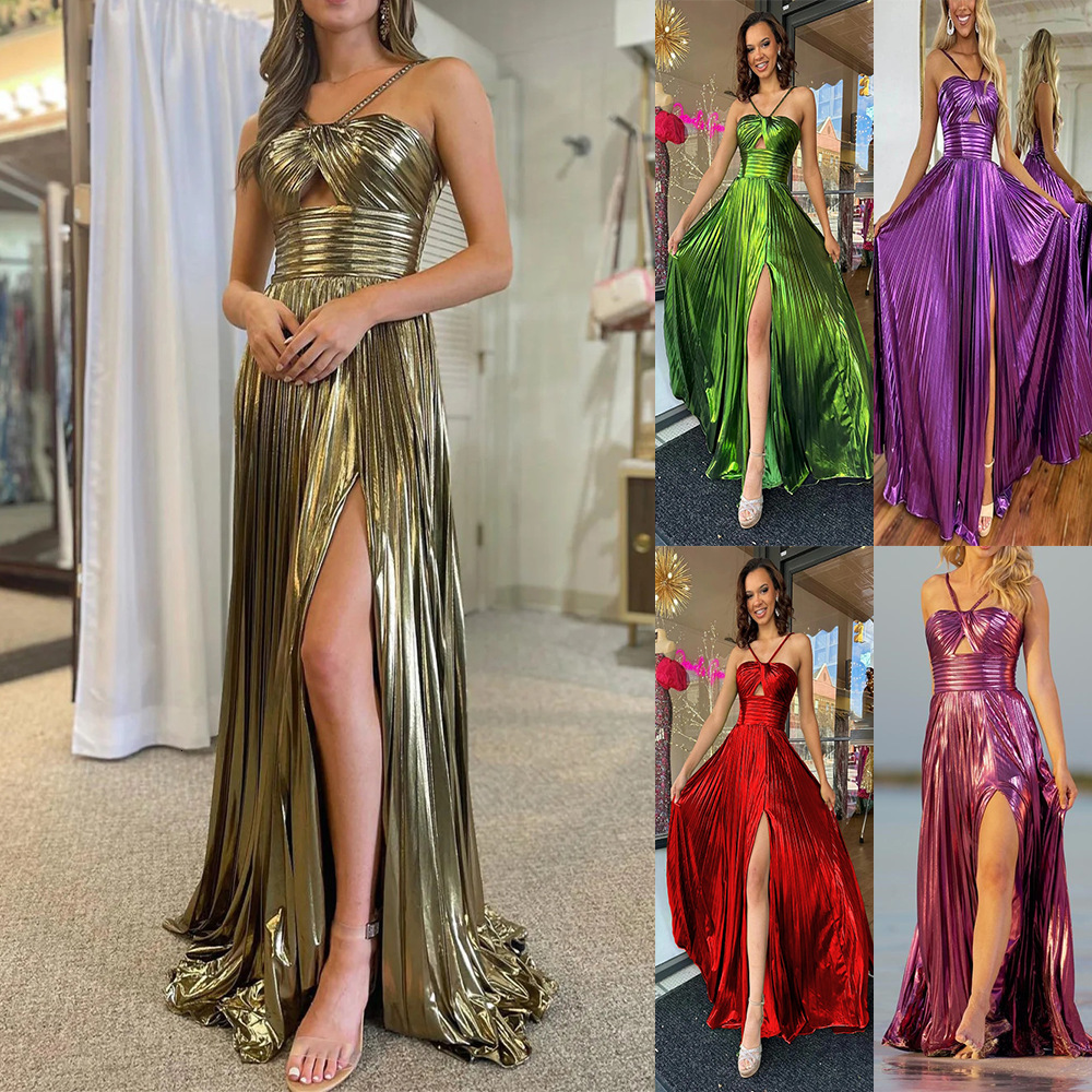 Women's Dress Sexy Evening Gown Slit Sleeveless Gold Stamping Backless 8120 ddmysept