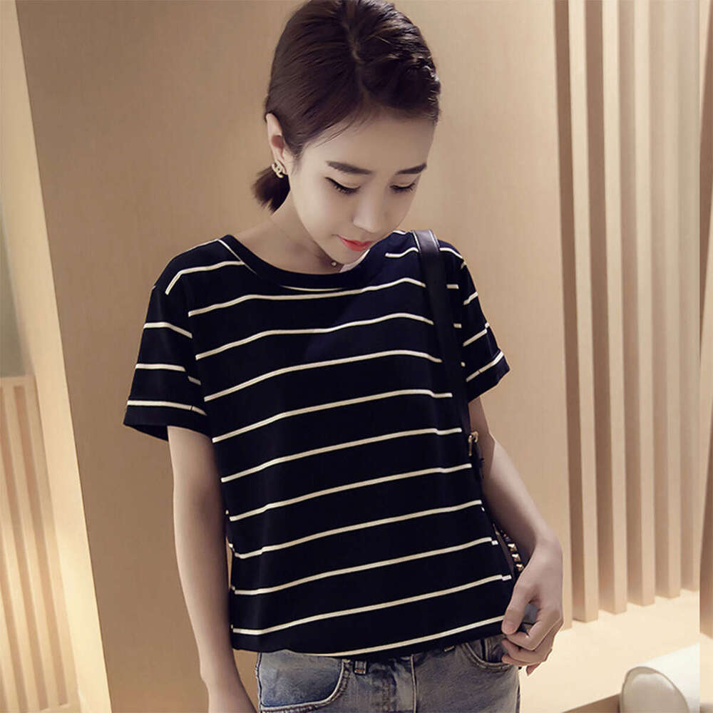 Summer New Korean Style Loose Plus Size Striped Short Sleeve T-Shirt Women's Top Base Shirt Ladies' Clothing B5