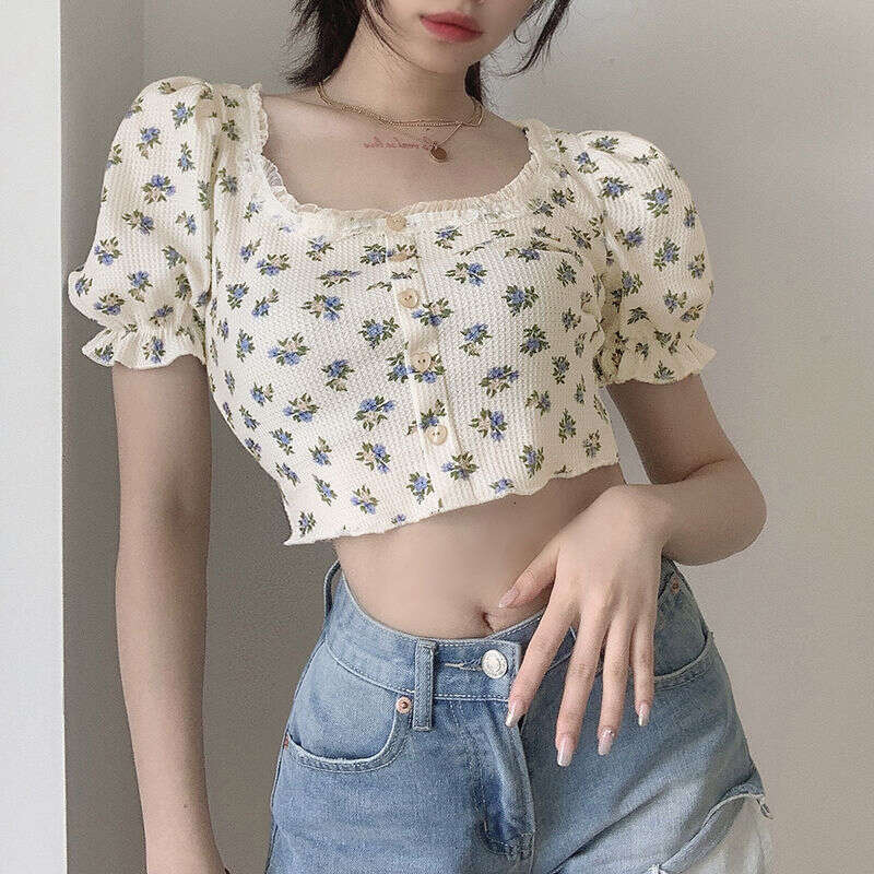 Summer American Style Floral Waffle Short T-Shirt Women Square Neck Puff Sleeve Crop Top Trendy B5
