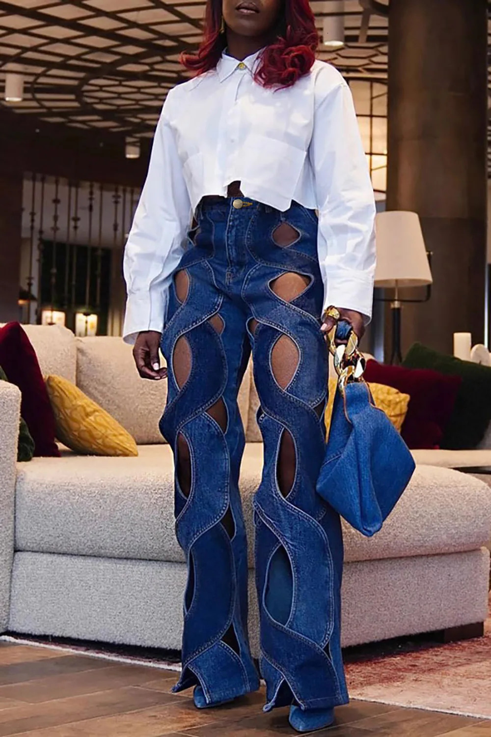 Womens Cut Out Denim Jeans Plus Size High Waist Y2K Fashion Sexy Vintage Casual Spring Straight Leg Pants y250628