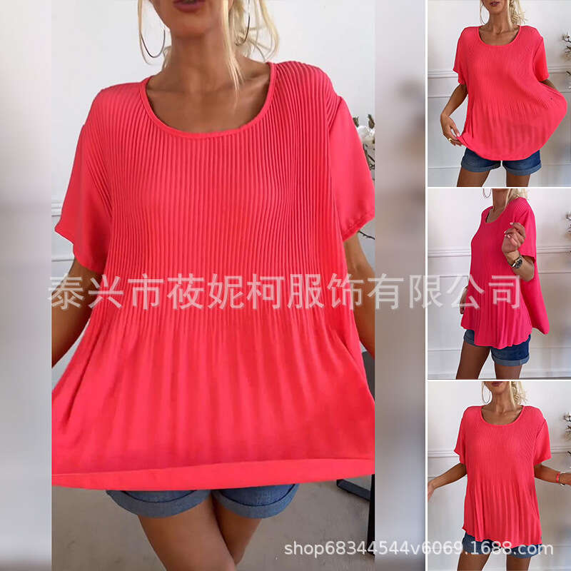 Plus Size Stylish Age-Reducing Pleated Short Sleeve Women's Summer Versatile High-End Elegant Simple Fashion Top B5