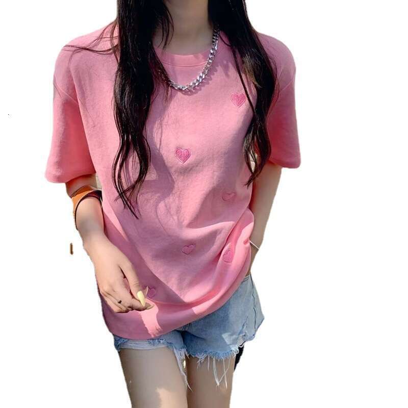 Short Sleeve T-Shirt For Women Summer New Fashionable Round Neck Heart Embroidery Loose Korean Style Top Women's Clothing B5