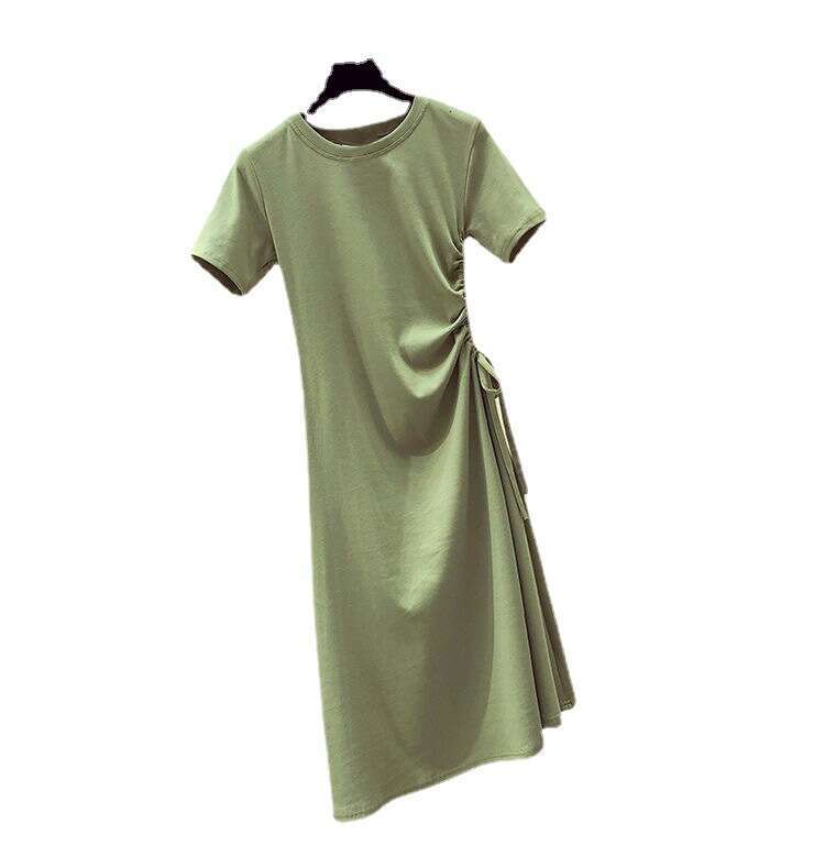 Avocado Green Summer New Ins Waist Slimming Drawstring Stylish Korean Version Student T-Shirt Dress For Women B5