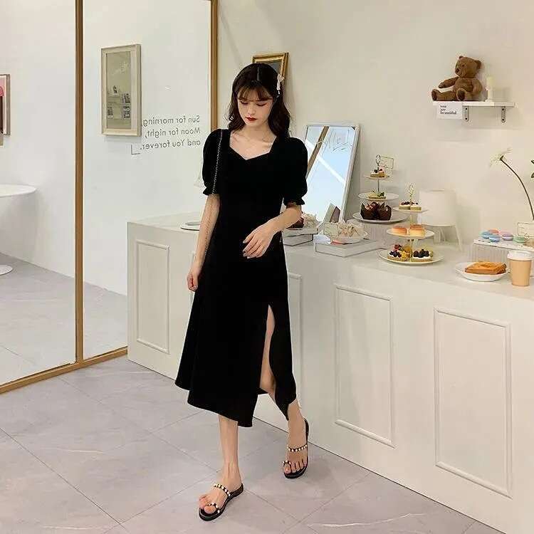 Plus Size Slimming For Chubby Girls, Elegant Square Neck, Waist-Cinching, Slit, French Style, Black Hepburn Style A-Line Dress B5