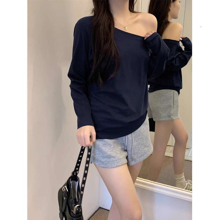 Long Sleeve T-Shirt New Autumn Sexy Off-Shoulder Loose Pure Desire Style Asymmetrical Student Top For Women B5